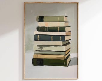 Lámina de arte libresco, pintura de pila de libros, arte mural de libros, decoración de pared imprimible, lámina para amantes de los libros, lámina de arte del lector, póster de libros