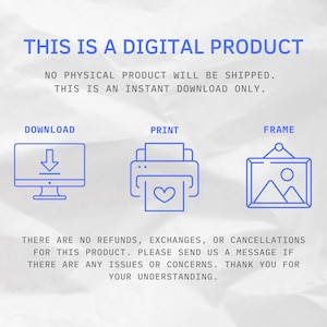 May include: A digital product announcement with blue text and icons on a white, textured background. The text reads "THIS IS A DIGITAL PRODUCT" and "NO PHYSICAL PRODUCT WILL BE SHIPPED. THIS IS AN INSTANT DOWNLOAD ONLY."