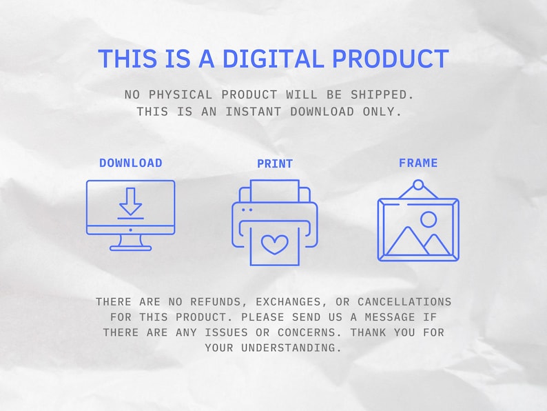 May include: A digital product announcement with blue text and icons on a white, textured background. The text reads "THIS IS A DIGITAL PRODUCT" and "NO PHYSICAL PRODUCT WILL BE SHIPPED. THIS IS AN INSTANT DOWNLOAD ONLY."