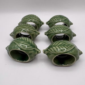 Set of Six Ceramic Majolica Napkin Holders Made in Italy  Green with Leaf Pattern