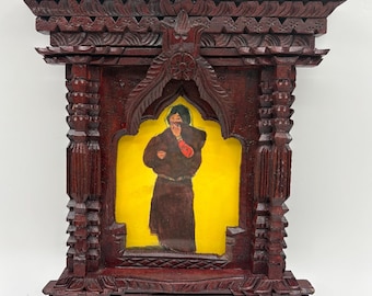 VIntage Nepalese Hand Carved Frame With Original Artwork of Tibetan Woman