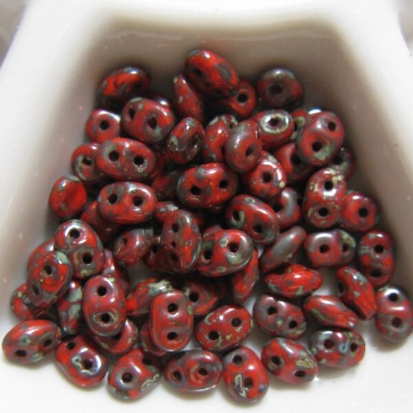 Czech SuperDUO 2 hole Beads, 2.5x5mm Red Picasso (DU0593200-43400), approximately 20 Grams