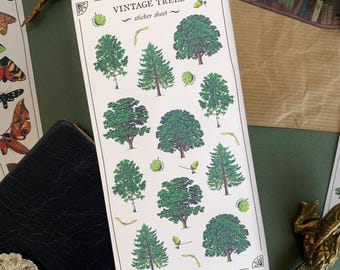 May include: A sheet of vintage tree stickers with a white background. The stickers feature various types of trees in shades of green. The sheet is titled "Vintage Trees - Sticker Sheet" and includes the text "The Naturalist's Guild".