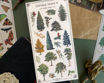 May include: A sticker sheet with illustrations of vintage trees. The sheet is titled "Vintage Trees II - sticker sheet" and features a variety of tree types, including pine, oak, and maple. The sheet is printed on white paper with a brown border.