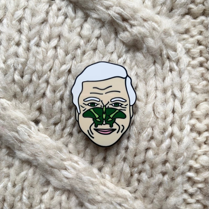 May include: A white enamel pin featuring a cartoon portrait of a person with a green butterfly covering their nose.