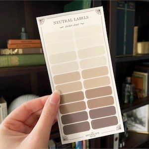 Op de afbeelding: Een vel neutrale kleuretiketten met verschillende beige en bruine tinten. De etiketten zijn rechthoekig en hebben afgeronde hoeken. Het vel is gelabeld met "Neutral Labels - sticker sheet - The Naturalists Guild".