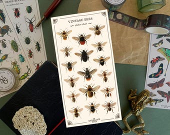 Vintage Bees Sticker Sheet: Insect Stickers for Animal Theme Planner