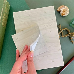 May include: A stack of white paper with a subtle pattern of lines and dots. The paper is folded in half and the top layer is slightly lifted to reveal the layers underneath. The paper is on a green surface.