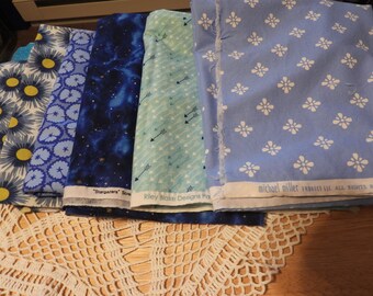 Destash, Fabrics in Shades of Blue, One is Riley Blake, One is Michael Miller, One is Called Stargazers, Arrows, Flowers, Dots