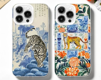 Japanese Retro Tiger MagSafe Phone Case: Blue Tiger Collage Cover iPhone 17 Samsung