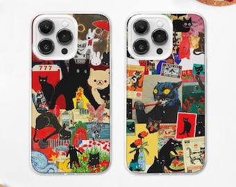 Kawaii Black Cat Collage MagSafe Phone Case, Funny Cat Meme Cover iPhone 17 Samsung