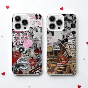 May include: Two clear phone cases with collage designs. One features pink lips, cherries, and text including "AMOR" and "A new era of me." The other has leopard print, lips, and text including "the it girl."