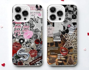 Op de afbeelding: Twee doorzichtige telefoonhoesjes met collage-ontwerpen. Eén heeft roze lippen, kersen en tekst waaronder "AMOR" en "A new era of me." De andere heeft luipaardprint, lippen en tekst waaronder "the it girl."