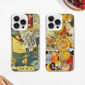 Capa de telefone MagSafe com colagem de cartas de tarô, capa de telefone com quadro de humor Sun Moon Lovers, capa de estética de astrologia bruxa, iPhone 15 14 13, Samsung S24