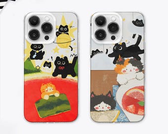 Funny Black Cat Collage MagSafe Phone Case, Japanese Manga Cover, iPhone 17 Samsung