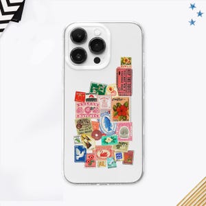 Étui pour téléphone MagSafe avec reçu de timbre rétro, cachet de la poste vintage avec collage, carte postale pour scrapbooking, iPhone 16 15 14 13 12 11 X, Samsung S24 S23