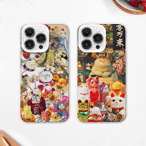 Funda para teléfono con collage de maneki-neko japonés, funda para teléfono con MagSafe, funda para gato de la suerte, tablero de estado de ánimo de gato de la suerte kawaii, iPhone 16 Pro 15 14 13 12, Samsung S24 S23