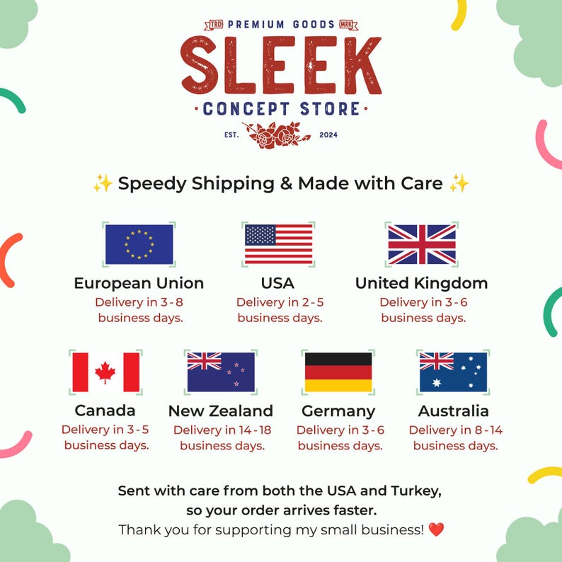 以下が含まれることがあります： 「SLEEK CONCEPT STORE」のテキストと、EU、アメリカ、イギリス、カナダ、ニュージーランド、ドイツ、オーストラリアの国旗が描かれたグラフィック。 各国への配送時間を示しています。