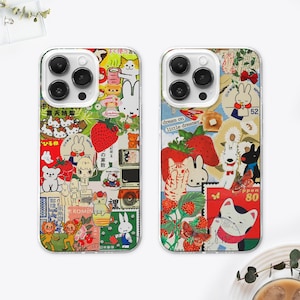 Funda para teléfono con diseño de collage de arte de anime kawaii, funda con diseño de dibujos animados en rojo, bonito regalo de dibujos animados, estética de fresa, iPhone 15 14, Samsung S24