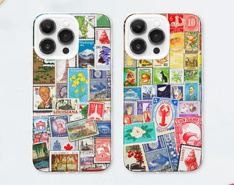 Funda MagSafe con collage de sellos postales vintage: funda retro de álbum de recortes para iPhone 17 y 16, Samsung