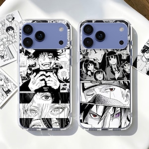 May include: Two clear phone cases with black and white manga-style artwork. One case features a character with the text "DON'T ASK". The other case displays multiple manga characters. Both cases have a blue camera bump.