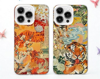 Funda para teléfono MagSafe con diseño de tigre japonés: Funda retro con collage de tigre salvaje para iPhone 17 y Samsung