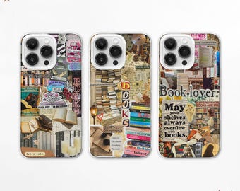 Custodia per telefono MagSafe con collage di libri vintage, regalo per album di ritagli per topi di biblioteca iPhone 17 16 15 Samsung