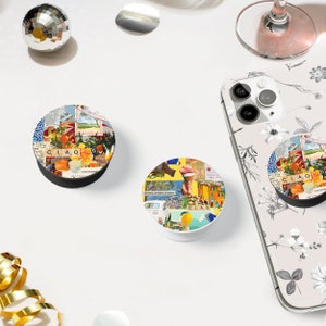 May include: Two colorful phone pop sockets with a collage of images related to Italy. One features a yellow background with a gelato cone, the other has a blue background with oranges and the word "CIAO".