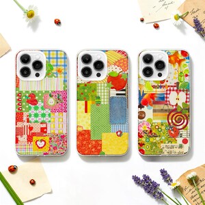 Könnte beinhalten: Drei Smartphone-Hüllen mit lebendigen, gemusterten Collage-Designs. Die Hüllen zeigen verschiedene bunte Motive wie Äpfel, Marienkäfer, Karomuster, florale Drucke und abstrakte Formen in leuchtenden Rot-, Grün- und Gelbtönen.