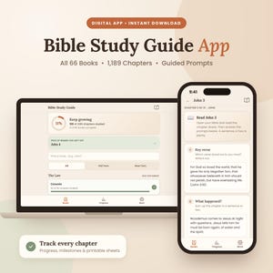 May include: A digital Bible Study Guide app displayed on a laptop and smartphone. The interface features progress tracking, chapter lists, and guided prompts for reading John 3. Text includes Bible Study Guide App, All 66 Books, 1,189 Chapters, and Track every chapter.