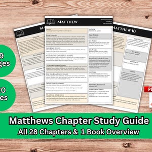 May include: A digital study guide for the Book of Matthew, featuring 29 pages and 120 files in PDF format. The document includes a book overview, chapter summaries, key themes, historical settings, reflection questions, and practical applications.