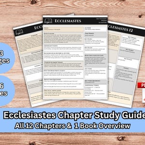May include: A digital study guide for the Book of Ecclesiastes, featuring 13 pages and 56 files in PDF format. The document includes a book overview, chapter summaries, key themes, historical context, reflection questions, and practical applications.