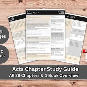 May include: A digital study guide for the Book of Acts, featuring 29 pages and 120 files in PDF format. The document includes a book overview and detailed guides for all 28 chapters, with sections for summaries, key people, events, and reflection questions.
