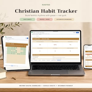 Puede incluir: Un rastreador de hábitos cristiano digital mostrado en una computadora portátil, tableta y teléfono inteligente. La pantalla muestra un panel para agosto de 2026 con tablas de datos, métricas de progreso y pestañas de navegación en tonos marrones.