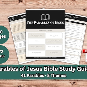 Könnte beinhalten: Ein Bibelstudienführer mit dem Titel The Parables of Jesus mit 41 Gleichnissen in 8 Themen. Das Dokument enthält 90 Seiten und 272 Dateien im PDF-Format. Das Cover zeigt ein Buchsymbol und Themen wie The Kingdom of God und Prayer.