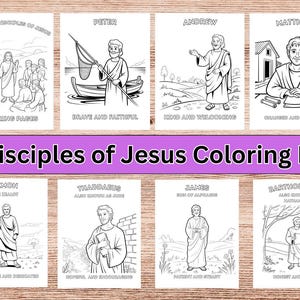 May include: A collection of twelve coloring pages featuring illustrations of the disciples of Jesus. Each page displays a different disciple with their name and a short description. The title "12 Disciples of Jesus Coloring Pages" is displayed in a purple banner.