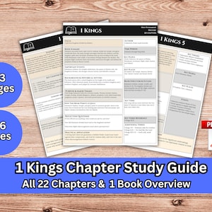 May include: A 1 Kings chapter study guide featuring 23 pages and 96 files in PDF format. The document includes a book overview, chapter summaries, key people, places, themes, reflection questions, and practical applications for all 22 chapters.