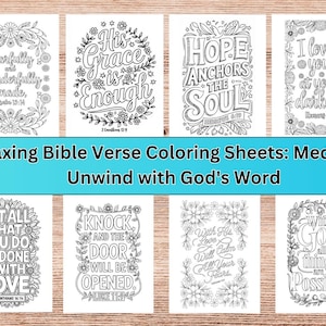 May include: Ten black and white Bible verse colouring sheets with floral and decorative designs. The text "10 Relaxing Bible Verse Coloring Sheets: Meditate and Unwind with God's Word" is displayed on a blue banner.