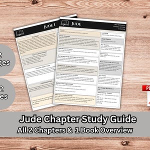 May include: A Jude Chapter Study Guide consisting of two pages of printed text. The document includes sections titled Summary, Lessons About God, Foreshadowing, Focus, Book Summary, Author, Time Period, Key People, and Key Places in black text.