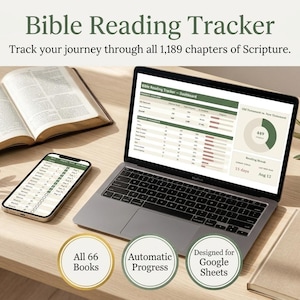 May include: A digital Bible Reading Tracker displayed on a laptop and smartphone screen, featuring a dashboard with progress charts. The text reads Bible Reading Tracker, Track your journey through all 1,189 chapters of Scripture, All 66 Books, Automatic Progress, and Designed for Google Sheets.