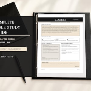 May include: A black binder containing a Bible study guide with white pages featuring black text and tan accents. The cover text reads COMPLETE BIBLE STUDY GUIDE, 1,189 CHAPTER GUIDES, ALL 66 BOOKS, KJV, PORTRAIT PRINTABLE EDITION, PRINT. BIND. STUDY.