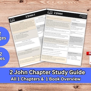 May include: A digital study guide for 2 John featuring two white pages with black text, organised into sections including summary, key themes, and reflection questions. The document includes headers for 2 John 1 and 2 John, with a PDF icon and text indicating 2 pages and 12 files.