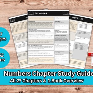 Guía de estudio bíblico del libro de Números, 37 páginas de estudio, 36 capítulos + resumen del libro, PDF imprimible, tamaño carta estadounidense A4.