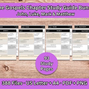 May include: A digital study guide bundle featuring four documents titled The Gospels Chapter Study Guide Bundle John, Luke, Mark & Matthew. The pages include sections for summaries, key themes, and verses. A purple circle states 93 Study Pages.