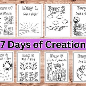 Páginas para colorear de los 7 días de la creación / Hojas para colorear de los días de la creación / Actividades bíblicas para niños imprimibles / Escuela dominical / Descarga en PDF