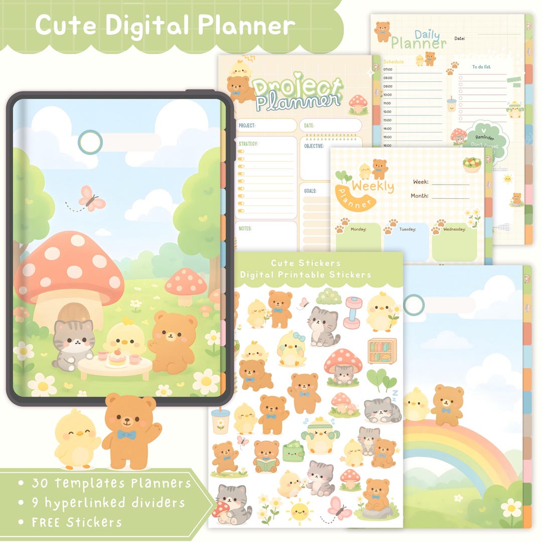 Cute Digital Planner With Stickers | Kawaii Bear Chick Cat Notebook ...