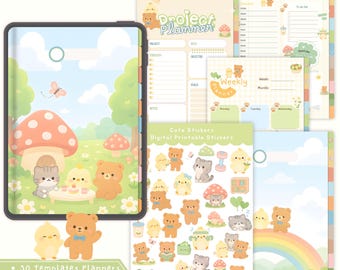 May include: A digital planner set with a cute, whimsical design. The set includes a tablet with a mushroom and animal scene, planner pages, and sticker sheets. The text reads "Cute Digital Planner", "30 templates Planners", "9 hyperlinked dividers", and "FREE Stickers".