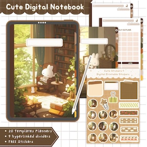 Puede incluir: Cuaderno digital con una ilustración de un conejito en una silla, rodeado de libros y plantas. Incluye plantillas, divisores y pegatinas. El texto de la imagen dice "Cute Digital Notebook".