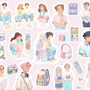 May include: A collection of pastel-colored stickers featuring anime-style illustrations. The stickers depict young people, roller skates, a skateboard, headphones, a boombox, a cassette tape, a handheld game console, and a backpack. The overall theme is retro and nostalgic.