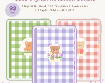 May include: Three digital notebook covers with gingham patterns in green, purple, and pink. Each cover features a cartoon bear in a different pose. The text "9$ only!" is in the top left corner. The text "3 Digital Notebook / 20 templates Planners each / 9 hyperlinked dividers each" is in the top center.